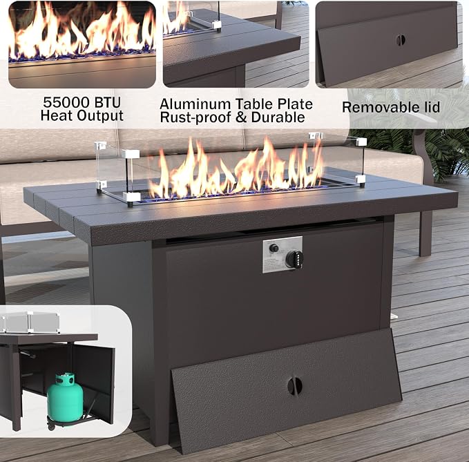 ALAULM Aluminum Patio Furniture Set with Propane Fire Pit Table Metal Outdoor Furniture w/Fire Pit Patio Conversation Sets w/5.1" Cushions and 7 Seats for Patio,Backyard,Poolside-Khaki