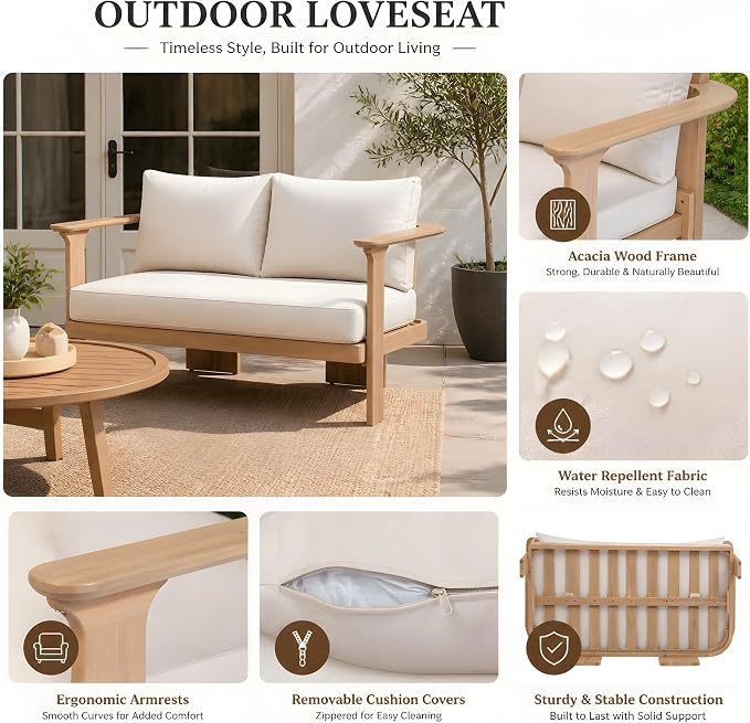 Christopher Knight Home Kera 4-Seater Patio Furniture Set with Removable Cushion, 4 Piece Outdoor Acacia Wood Conversation Set, Sold Wood Outdoor Sectional Sofa Set with Coffee Table, Brown+Beige