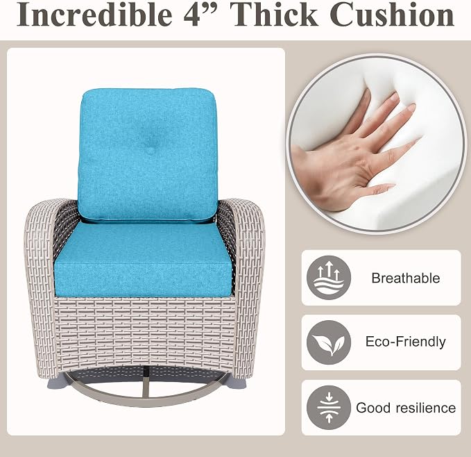 Patio Wicker Chairs Swivel Rocker, Outdoor Swivel Glider Rocker Chairs with Rattan Side Table, All Weather Conversation Set for Porch Poolside Balcony,Cyan
