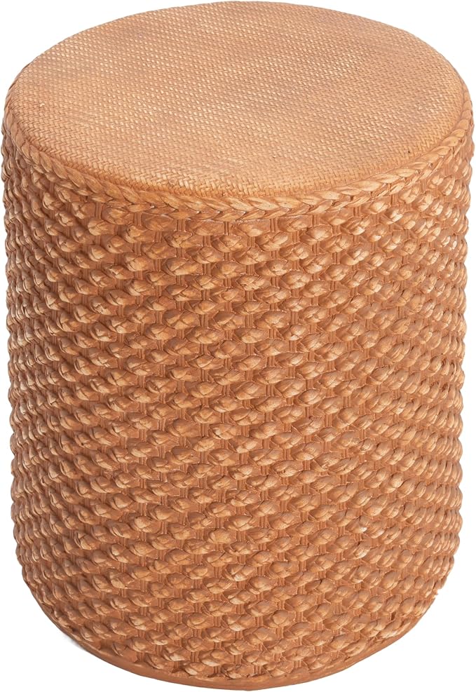 Christopher Knight Home Nataly 17.25" H Small Outdoor Side Table, Cylinder Shaped Carved Garden Stool, Lightweight Concrete End Table, Patio Decorative Home Stool for Balcony Poolside Backyard, Brown