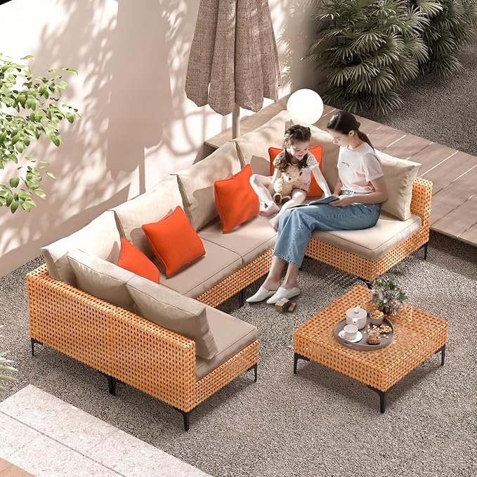 5 Piece Patio Furniture Set Modular Outdoor Furniture Set Wicker Sectional Patio Sofa with Table Cushions Patio Set for Balcony Porch Deck Yard (Salmon&Orange Wicker, Sand Cushion)