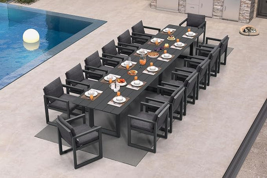 PURPLE LEAF Outdoor Dining Set for 14 Aluminum Extra Long Patio Furniture Table and Chairs Set with All Weather Thick Cushion Rectangular Patio Dining Sets for Huge Backyard Garden Poolside, Grey