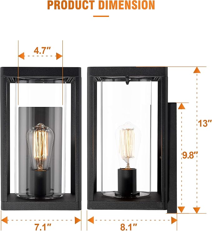 Beionxii Dusk to Dawn Outdoor Wall Sconces, Modern Exterior Porch Light Wall Mount Lantern, Black Cast Aluminum w/Clear Cylinder Glass - A291W-1PK