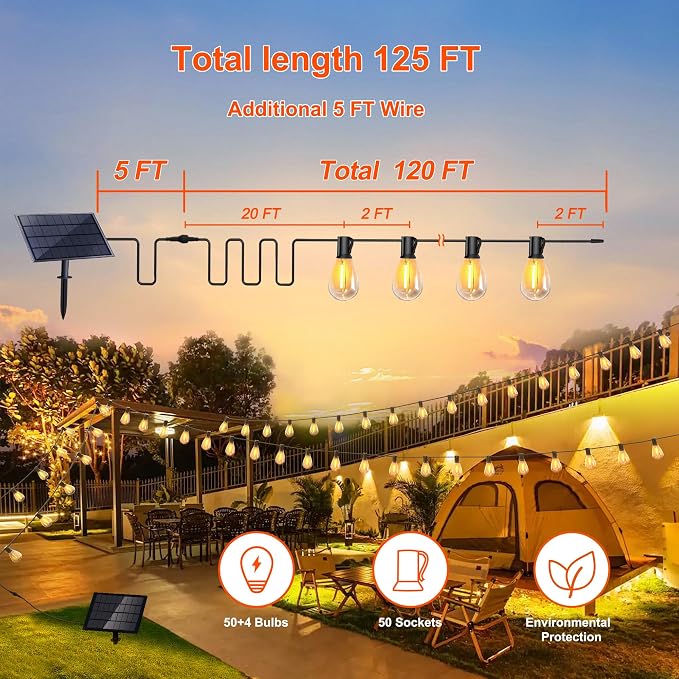Stright Solar String Light for Outside 120FT with with USB Charging & Remote, Weatherproof Shatterproof LED S14 Bulb 50 Socket, Dimmable & Timable Solar Powered Patio Lights for Porch Backyard Garden