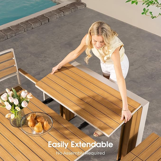 Transformer Table - Extendable Outdoor Dining Set up to 12, Expandable Patio Table, Weather-Resistant Patio Furniture, Light Oak, Natural (Table + Bench + 4 Chairs + Umbrella)