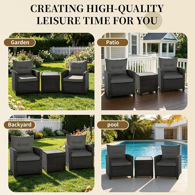3 Pieces Patio Furniture Set,Outdoor Wicker Conversation Set,Outdoor Wicker Patio Chairs with Cushions & Glass Coffee Table,Bistro Set Outdoor for Porch (Grey)