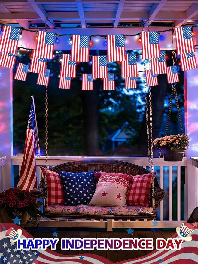 4th of July Decorations 2 Pack 100 LED Solar American Flag Lights Outdoor | 50 USA Flags, 8 Modes, Memory Function, Auto On/Off, 37.6FT Waterproof String Lights for 250th Anniversary Patriotic Decor