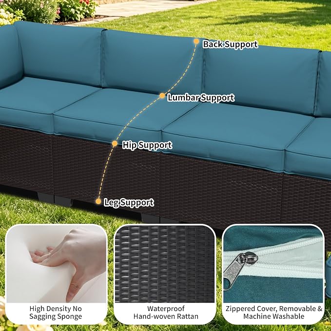 7 Pieces Outdoor Patio Furniture Set, Wicker Modular Sectional Sofa, All Weather Conversation Sets with Glass Table for Yard, Garden, Poolside, Dark Brown Rattan & Peacock Blue Cushions