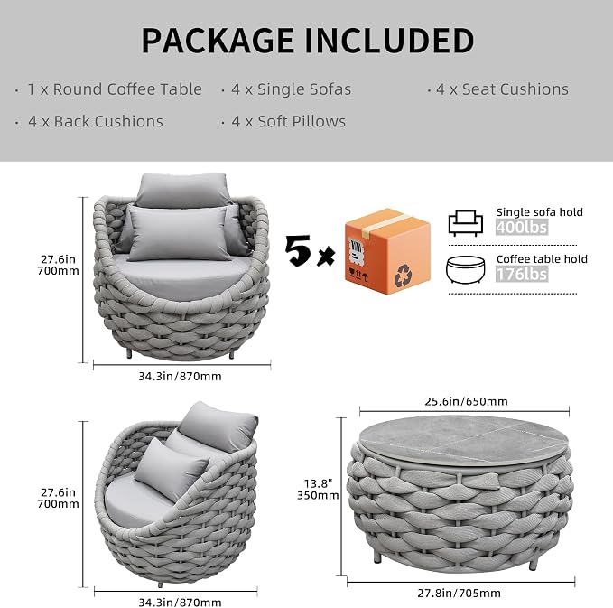 TWT 3 Piece Patio Furniture Set, Gray Woven Rope Conversation Set with Washable Cushions (Textilene Light Grey Rope w/Light Grey Cushion, 5pcs 4 Armchair+Table)