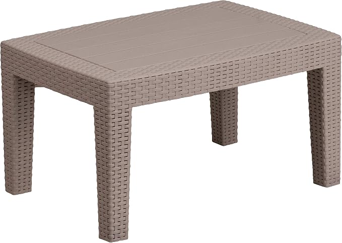 Merrick Lane Malmok Outdoor Furniture Patio Table - Light Gray Faux Rattan Wicker Pattern Coffee Table - All-Weather Use - Wood Plank Top Design
