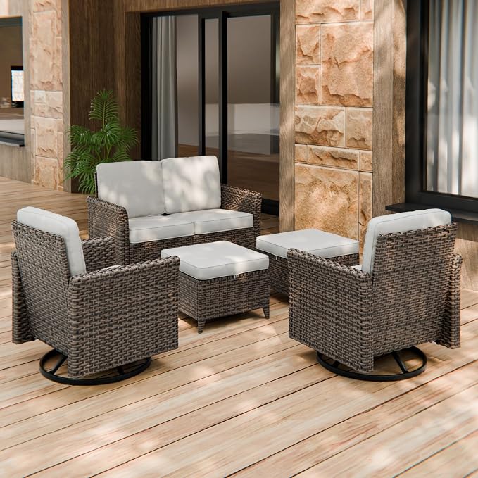 COOS BAY Harbor Retreat 5 Piece Outdoor Furniture Set, Patio Conversation Set with Swivel Rocking Chairs, 2 Seat Loveseat and Ottomans, Wicker Furniture, Brown/Beige