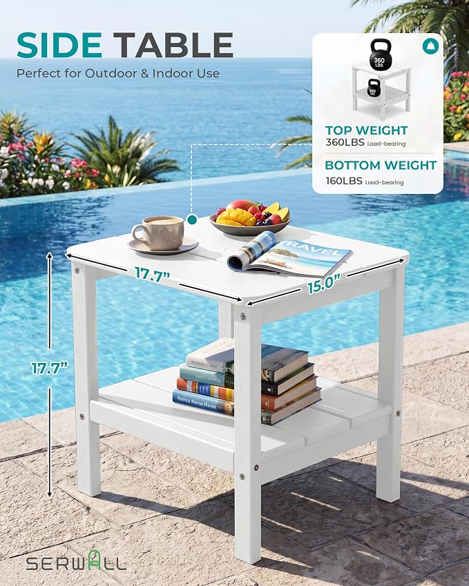 SERWALL Double Layer Adirondack Side Table with Umbrella Hole, HIPS Outdoor Side Table Rectangular End Tables for Patio, Poolside, Garden, White