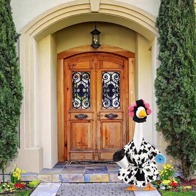 Shyyween Lady Porch Goose Outfit for 23'' Cement Plastic Lawn Goose Statue Clothes Cow Pattern Bathrobe Coffee Cup Curlers for Outdoor Garden Yard Patio Decoration