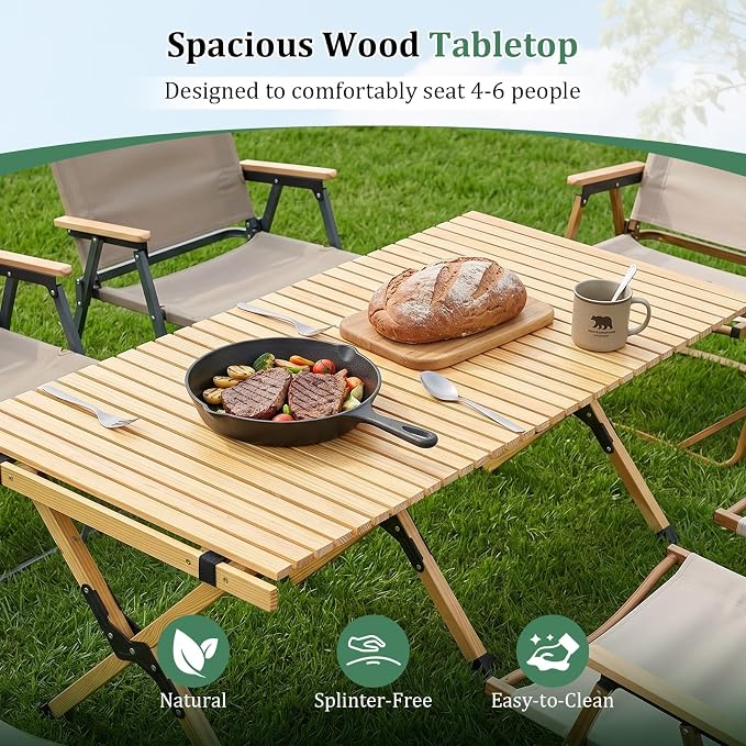 COSTWAY Folding Picnic Table, Portable 4ft Roll Up Camping Table with Storage Bag, for 4-6 People, Low Height Foldable Pine Wood Bench Table, for Indoor & Outdoor Party, BBQ & Hiking