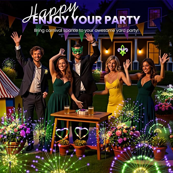 PEVOROS Solar Firework Garden Lights Outdoor, Purple/Yellow/Green, 4 Pack | 120 LEDs, Waterproof, Fairy Garden Decor, Auto On/Off, Solar Powered, for Yard, Patio, Porch, Flower Pot, Pathway