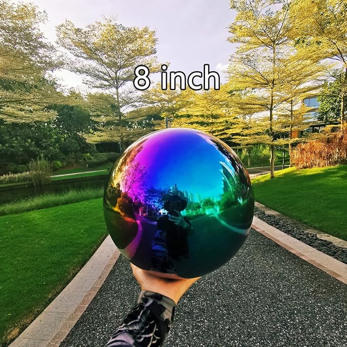 Rainbow Gazing Globe Mirror Ball in Stainless Steel, Shiny Hollow Sphere Sparkling Housewarming Outdoor Ornament (8 Inch)