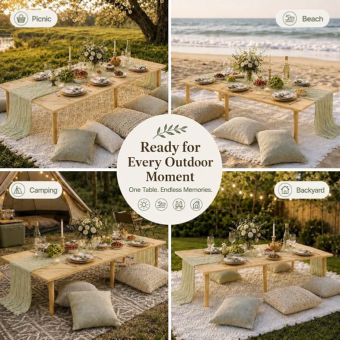 Folding Picnic Table with Table Runner, 60" x 30" Portable Boho Low Picnic Table for 6 Person, Large Wooden Floor Table for Camping, Beach, Garden, Party, Tool-Free Assembly, 165 lbs Capacity