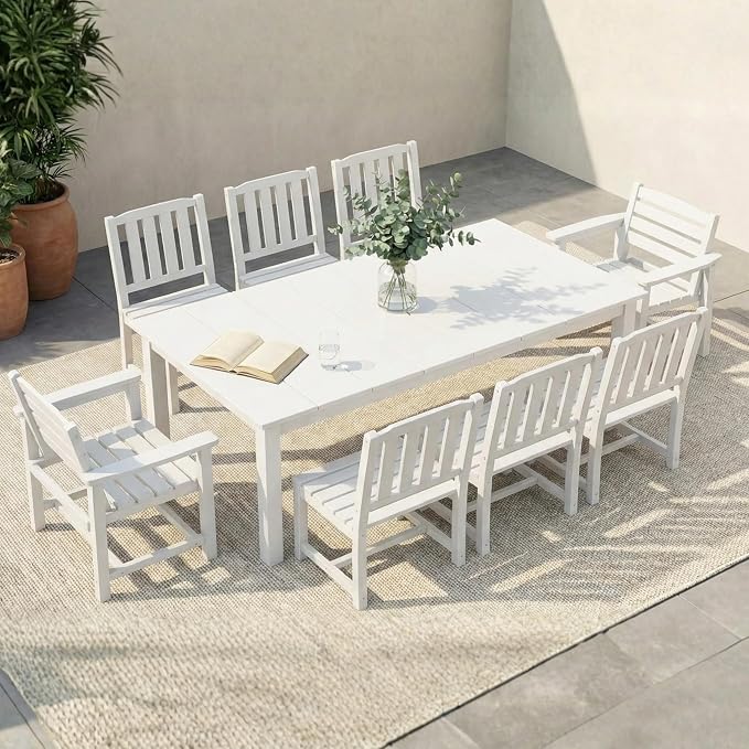 9-Piece Outdoor Dining Set with Aluminum Frame for 8,White | HDPE material, 2" umbrella hole, patio table and chairs, ideal for yard, lawn, garden, balcony, deck, poolside