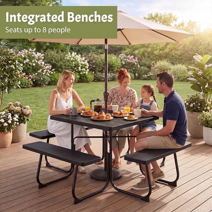 GYMAX Picnic Table Bench with Umbrella Hole, 8 Person Square Outdoor Picnic Table with Metal Frame & HDPE Tabletop, Camping Table for BBQ Yard Patio, 2300LBS Capacity (Black)