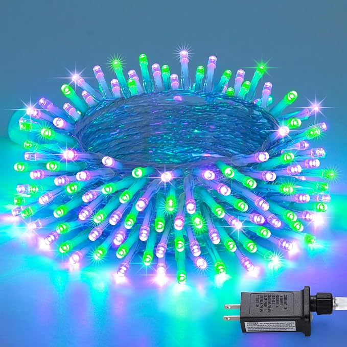 JMEXSUSS Connectable Purple and Green Halloween Lights Plug-in | 8 Modes 100 LED Twinkle String Light Indoor, Clear Wire Christmas Lights Outdoor Waterproof for Halloween Christmas Decor