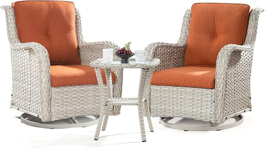 Joyside Outdoor Swivel Rocker Patio Chairs Set of 2 and Matching Side Table - 3 Piece Wicker Patio Bistro Set with Premium & Soft Fabric Cushions(Light Grey/Orange)