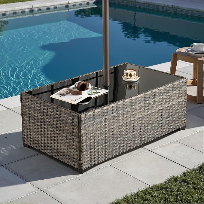 HOOOWOOO Outdoor Patio Side Table with Umbrella Hole,Wicker Coffee End Table Glass Top,Umbrella Table with 1.64" and 2" Hole for Yard,Deck,Porch,Garden(Rectangle Brown)