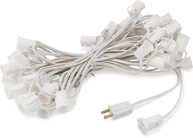 C9 Light Strings | 50' White Cord with 12" Socket Spacing, E17 Light Stringer for C9 Christmas Lights