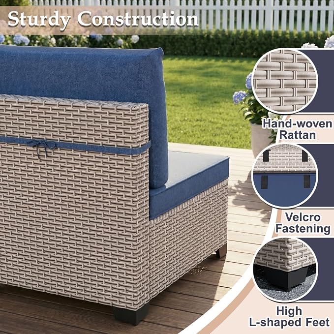 Patio Furniture Set, 17-Piece Outdoor Sectional Sofa with Swivel Rocker Chairs & 2-Layer Glass Coffee Table, Wicker Patio Conversation Set with Blue Cushions
