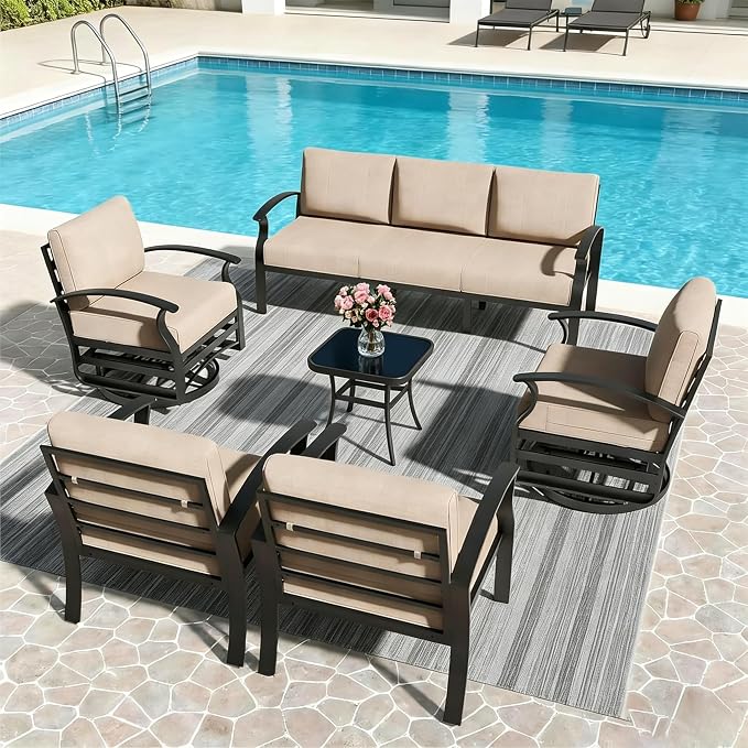 Aluminum Outdoor Patio Furniture Set,6 Pieces 7 Seats Patio Conversation Sets,Metal Patio Sectional Furniture Set with 5.1" Thickened Cushions,Swivel Rocking Chairs Set,Sand
