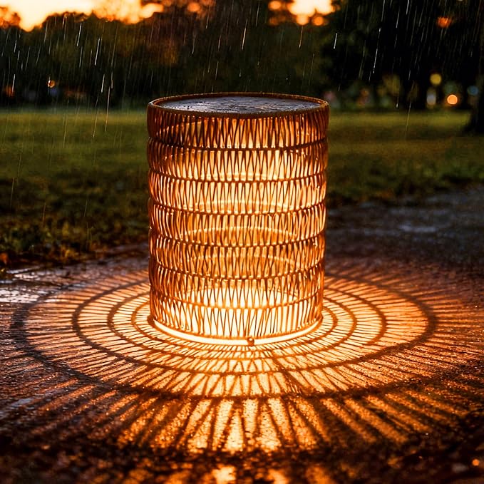 3 Pack Solar Outdoor Side Table with Integrated Glow Lights Set, Poolside Side End Table Waterproof Rattan Nesting Accent Table for Patio, Poolside, Backyard, Porch, Garden, Balcony Indoor Outdoor Use