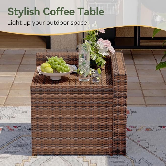 Aoxun Outdoor Wicker Storage Coffee Table, All-Weather Side Table with Waterproof Cover, for 25.8" High-Back Sofas Brown
