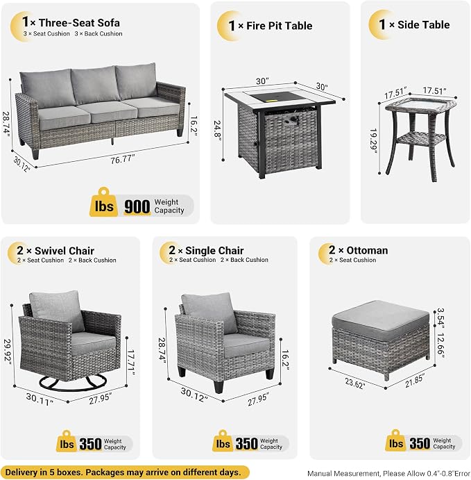 ovios 9 Pieces Patio Furniture Set with Square Fire Pit Table, Outdoor Swivel Rocking Chairs, High Back Wicker Rattan Conversation Set for Deck Porch, Dark Grey