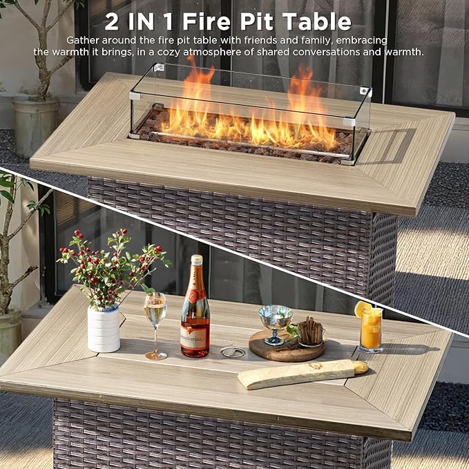 10 Pieces Luxury Patio Furniture Set with 42.5" Fire Pit Table, 6-Inch Thick Cushions Wicker Outdoor Furniture with Swivel Patio Chairs Set of 4, Outdoor Patio Conversation Set for Garden Deck, Beige
