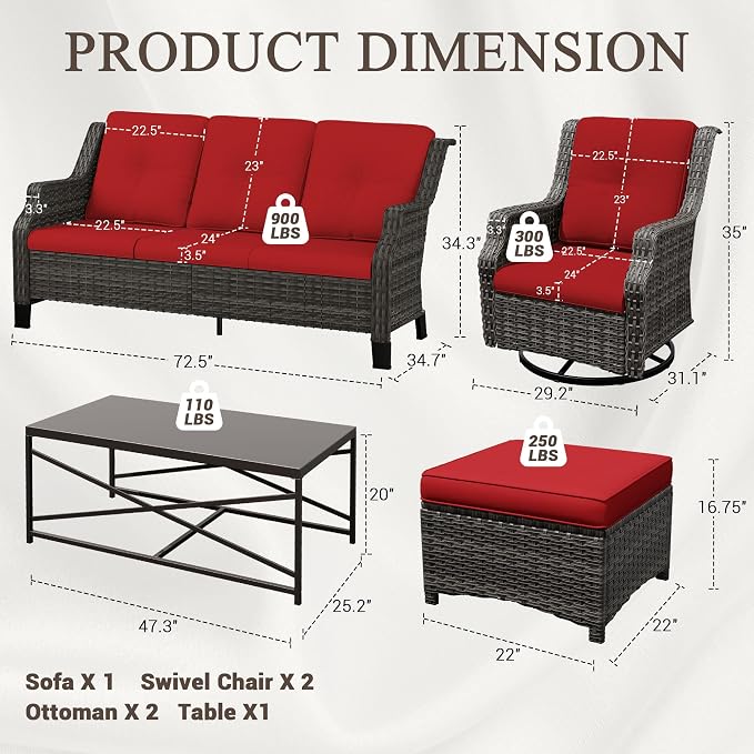 6 Pieces Patio Furniture Set, Outdoor Furniture Set with 2 Patio Swivel Rocking Chairs, 2 Ottoman, 1 Outdoor Wicker Sofa, 1 Metal Table, Ideal for Backyard, Garden, Poolside, Red
