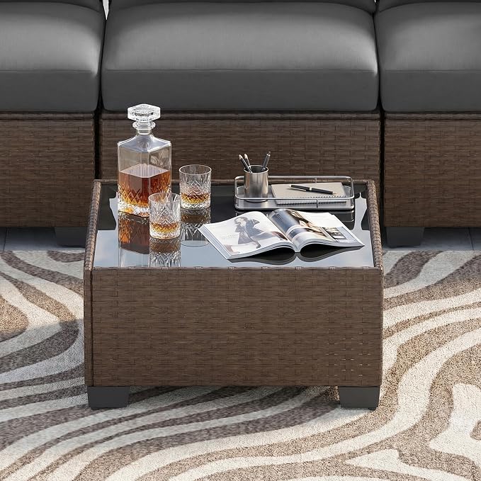 Patio Furniture Set, 7-Piece Outdoor Sectional Couch with Coffee Table & Thick Cushions, Outdoor Wicker Conversation Set for Backyard, Poolside, Garden (Brown-Grey, 7 Piece-Single)