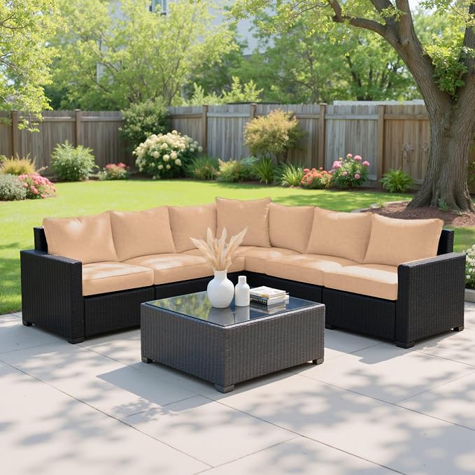 Patio Furniture Set, 7PCS Outdoor Sectional PE Rattan Patio Conversation Set w/Thickened Cushion Modular Wicker Patio Sofa Set w/Coffee Table for Balcony, Backyard(Coffee)