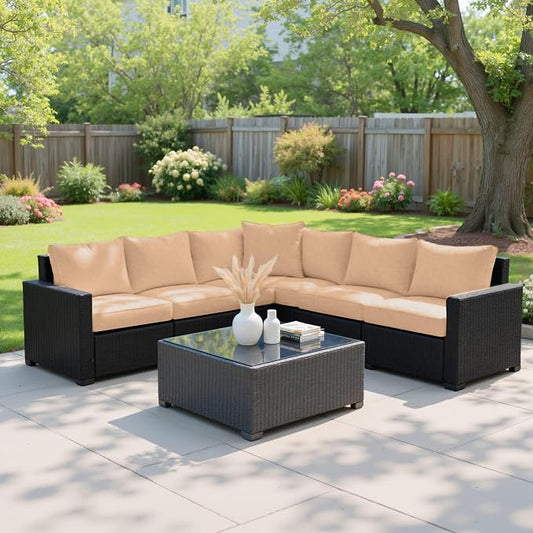 Patio Furniture Set, 7PCS Outdoor Sectional PE Rattan Patio Conversation Set w/Thickened Cushion Modular Wicker Patio Sofa Set w/Coffee Table for Balcony, Backyard(Coffee)