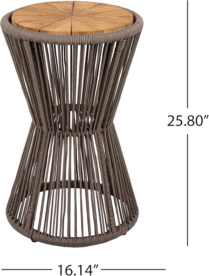 Merax Bohemian Round Outdoor Side Table with Acacia Wood Top and Dark Grey Handwoven Rope Base, Elegant Hourglass Design Patio Coffee Table for Garden, Pool, Balcony, Yard, 25.8" Height, No Assembly