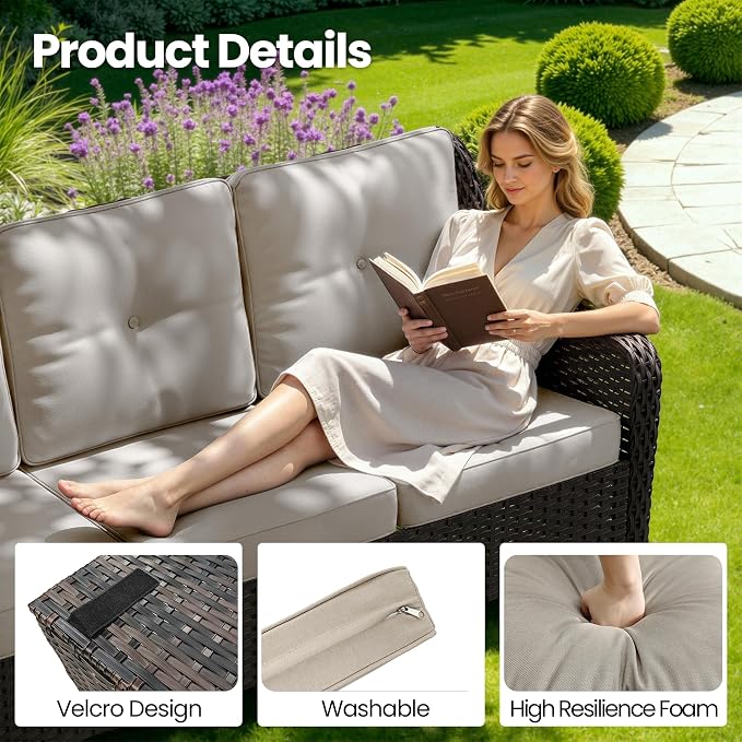 Kullavik 7 Pieces Patio Furniture Set,All-Weather Wicker High Back Outdoor Swivel Rocker Patio Chairs with Fire Pit Table & Thick Cushions,Paito Conversation Set for Porch,Deck,Sand