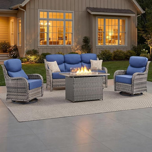 Luxury Patio Furniture Set with 6-inch Thick Cushion, Outdoor Furniture with Fire Pit Table, Swivel Chairs, Sofa, 4pcs Wicker Conversation Set for Deck Yard and Poolside(Grey Wicker/Blue Cushion)