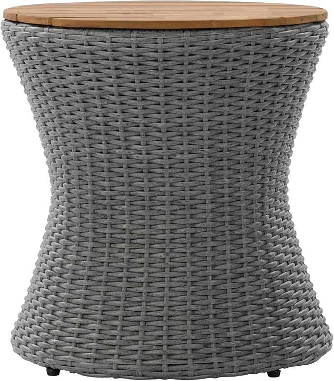 Christopher Knight Home Fenton 17.5" Outdoor Side Table, Round Patio End Table with Wood Top and Wicker Base, Small Outdoor Coffee Table for Balcony Garden Poolside, Accent Garden Stool, Grey+Natural