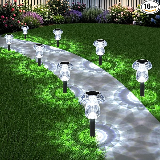 16Pack Solar Garden Lights Outdoor 6000K Cool White Mushroom Decor | Waterproof Pathway Outside Yard Walkway Landscape Path Lighting, LED Auto On/Off Decorations, Acrylic Diamond-like Lampshade