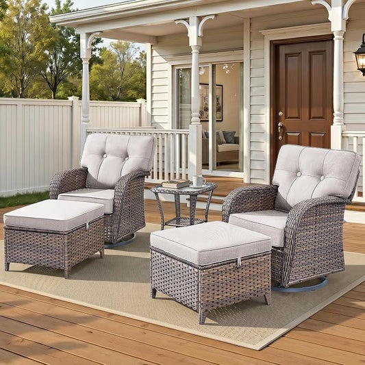 Patio Furniture Set, 5PCS Outdoor Wicker Conversation Set, High Back Rattan Sofa & Swivel Rocker Chairs, Weather Resistant Olefin Fabric for Garden, Poolside Brown/Beige