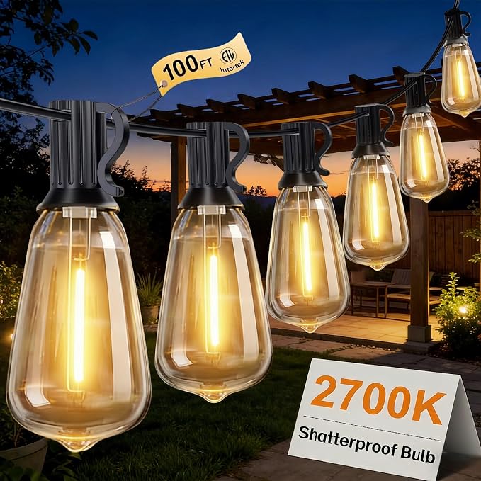100FT Outdoor String Lights, Waterproof Patio Lights with Clear Shatterproof Plastic ST38 Vintage Edison Bulbs, Connectable Outside Hanging Lights for Backyard, Porch, Deck, Balcony, Garden, 2700K