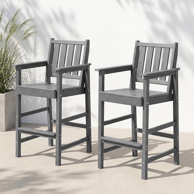Adirondack Bar Chair Set of 2, All Weather HDPE Counter Height Bar Chair with Wide Armrests & Footrest, Heavy-Duty Outdoor Bar Height Barstools Set for Patio, Balcony, Pool, Backyard, Grey