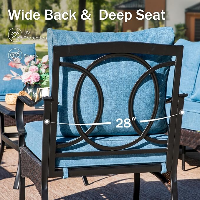PHI VILLA Patio Furniture Set with 56" Fire Pit Table, Premium Outdoor Wicker Metal Frame Furniture with Upgraded Waterproof Thick Cushions for Porch, Poolside, Deck, and Yard