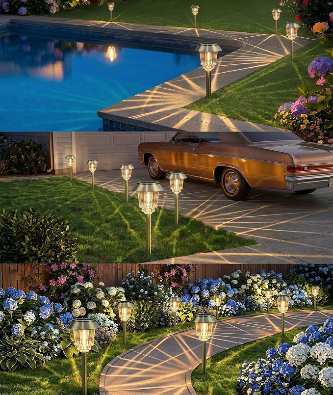 XMCOSY+ Solar Outdoor Lights, 6 Pack Solar Powered Landscape Lighting Path | 10-40 LM Dimmable Warm White Lighting 12H Auto On/Off All-metal & Aluminum Waterproof dor Landscape Lighting Garden Lights