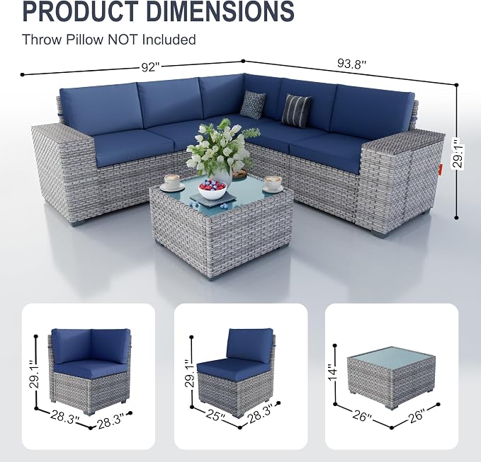 12 Pieces Patio Conversation Set, Rattan Furniture Set with Wide Armrests and Coffee Table, Outdoor Modular Sectional Couch Wicker Sofa for Garden Backyard Balcony Porch Deck (Blue Cushions)