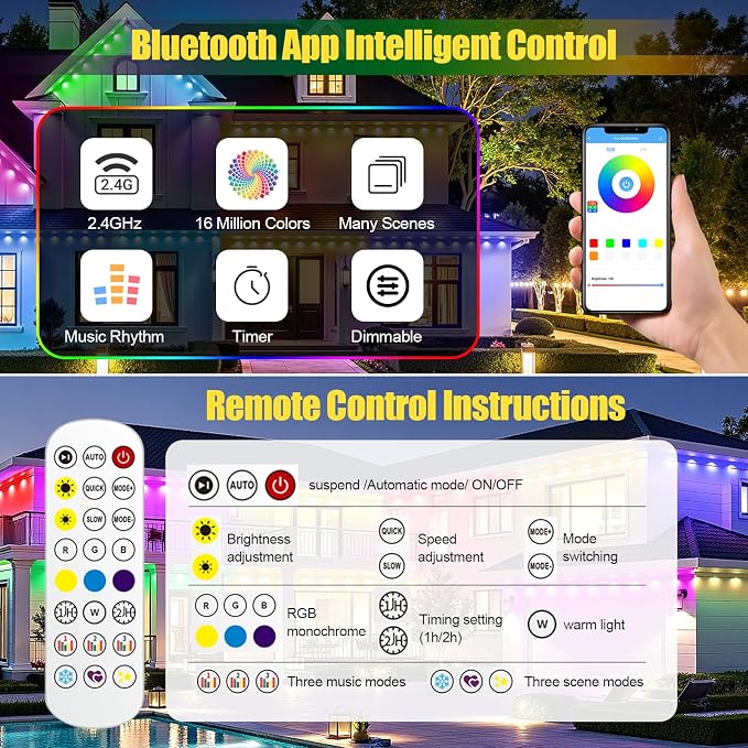 Permanent Outdoor Lights 50ft RGB+IC Eave Lights for House | IP67 Waterproof Smart LED Outdoor Lights with 16M Colors, App/Remote Control for Christmas, Halloween, Daily, Party