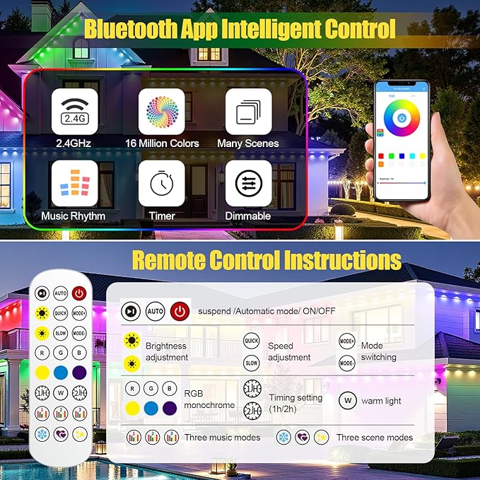 Permanent Outdoor Lights, 200ft RGB+IC Smart LED Eaves Lights for House | Outdoor String Lights with App/Remote, IP67 Waterproof Led Lights for Daily, Christmas, Halloween, Holiday, Party Decor